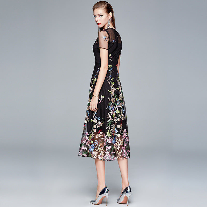 Gwendoline Floral Embroidered Mesh A-Line Midi Dress - back view