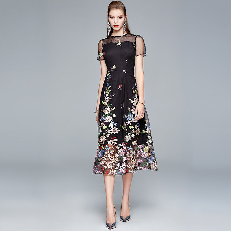 Gwendoline Floral Embroidered Mesh A-Line Midi Dress - detail view
