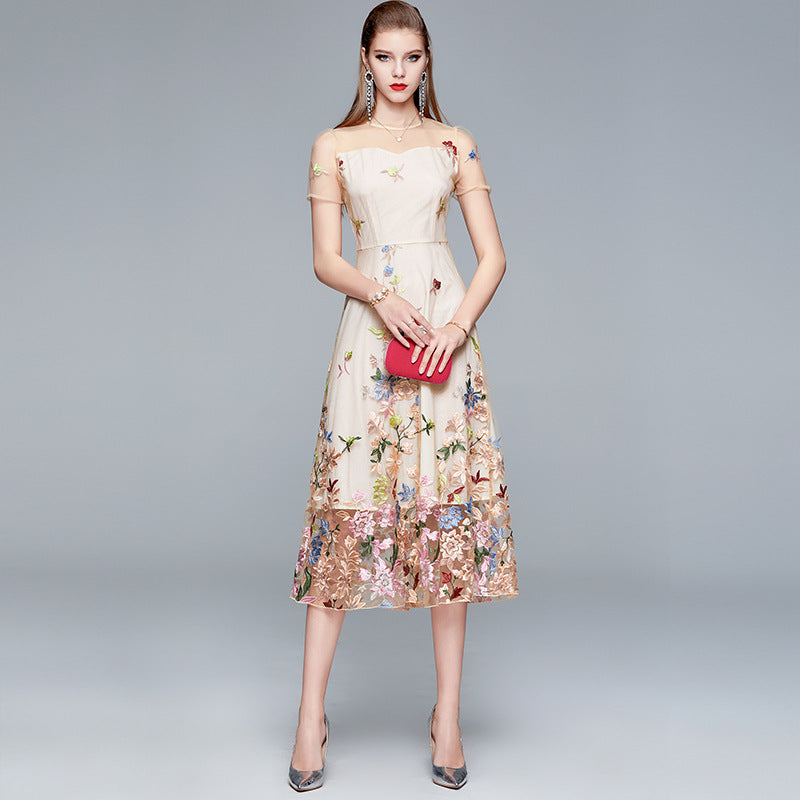 Gwendoline Floral Embroidered Mesh A-Line Midi Dress - front view