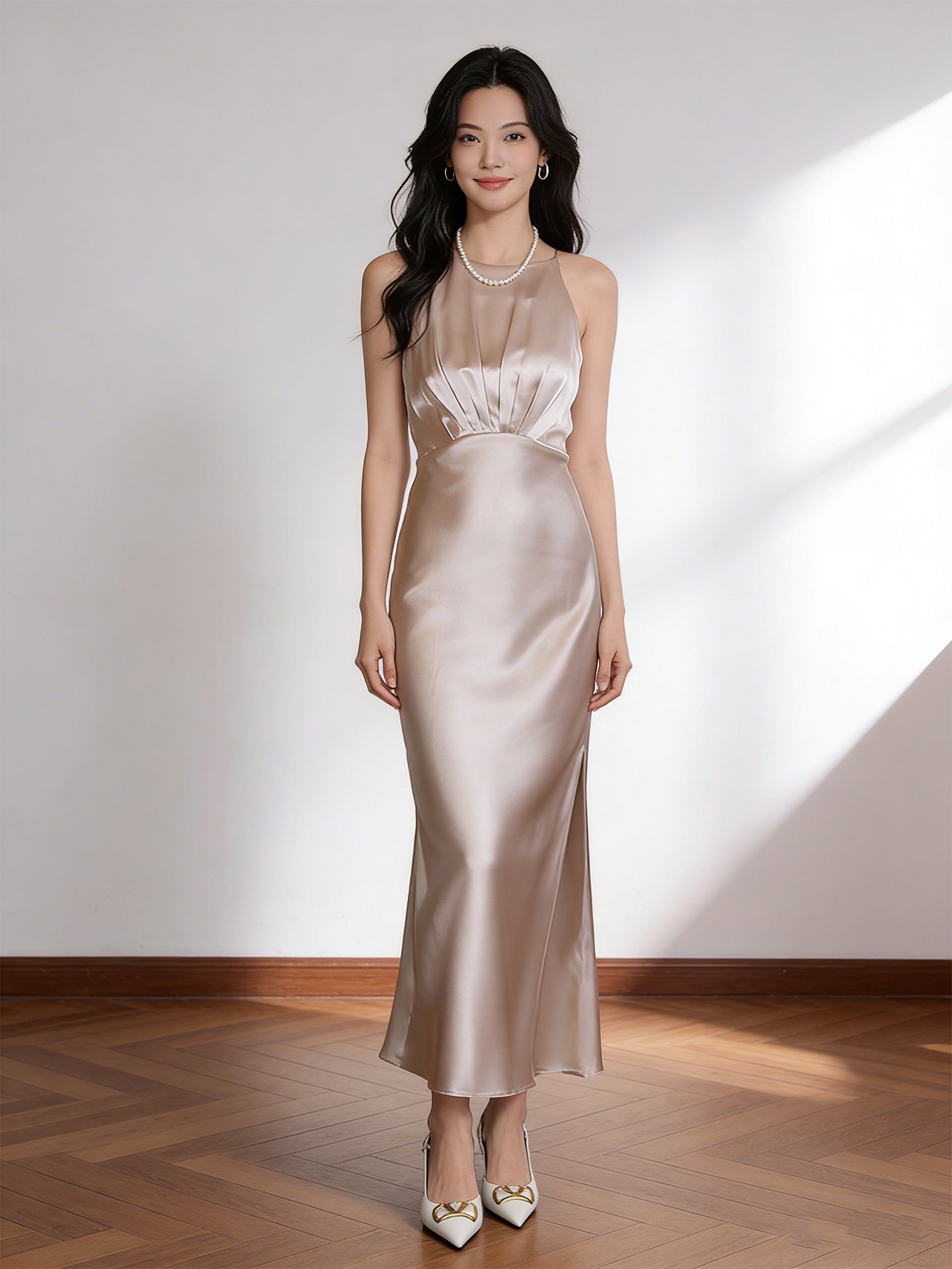 Elise Satin Midi Evening Gown — front view
