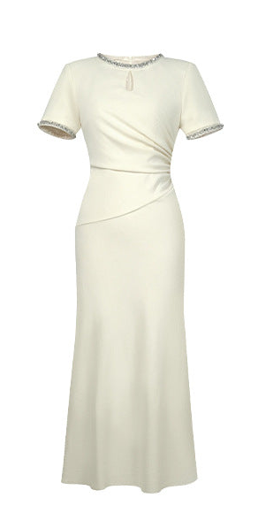 Helene Apricot Pleated Evening Gown — full length