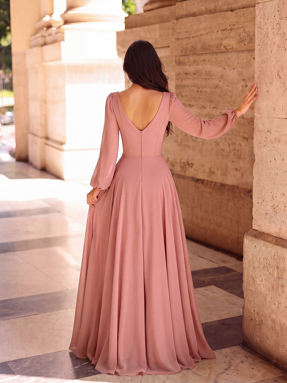 Héloïse Dusty Pink Chiffon V-Neck Bishop-Sleeve Gown - photo 2 | Orabella