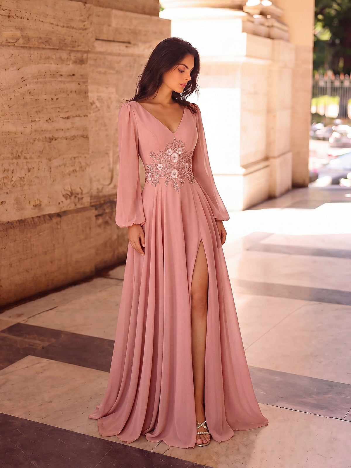 Héloïse Dusty Pink Chiffon V-Neck Bishop-Sleeve Gown - photo 3 | Orabella