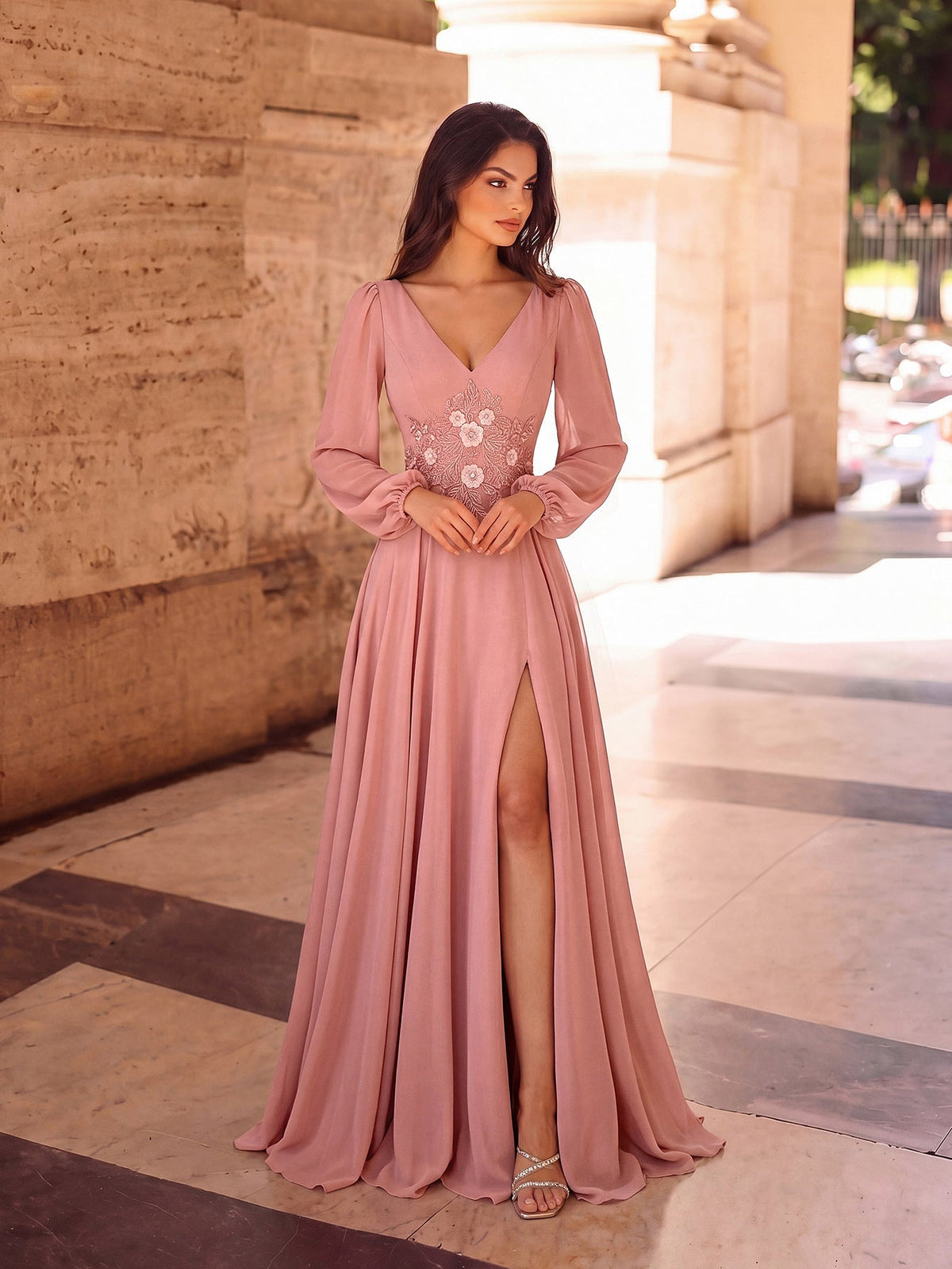 Héloïse Dusty Pink Chiffon V-Neck Bishop-Sleeve Gown - photo 4 | Orabella