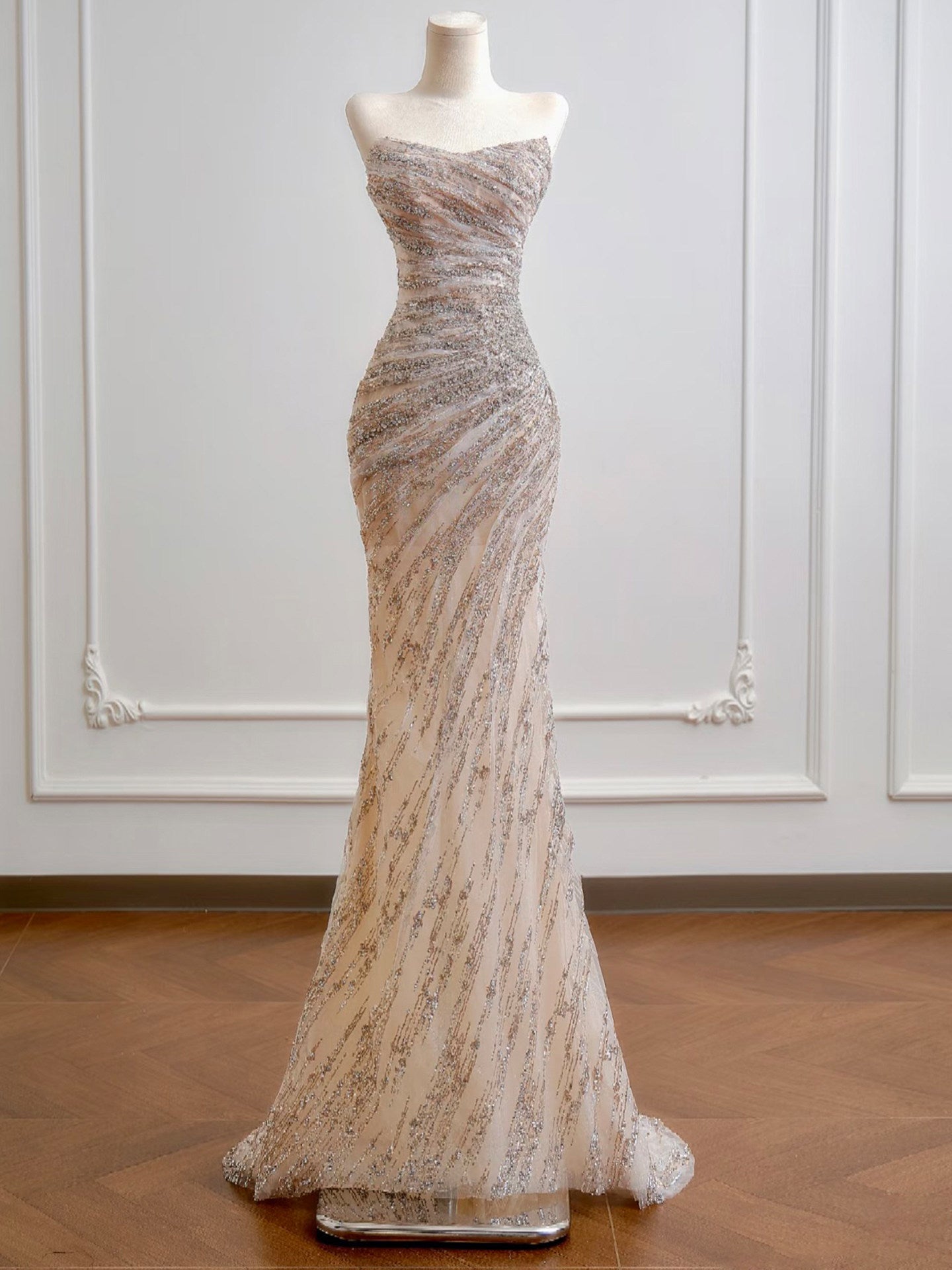 Ilaria Champagne Sequin Strapless Mermaid Evening Gown - back view