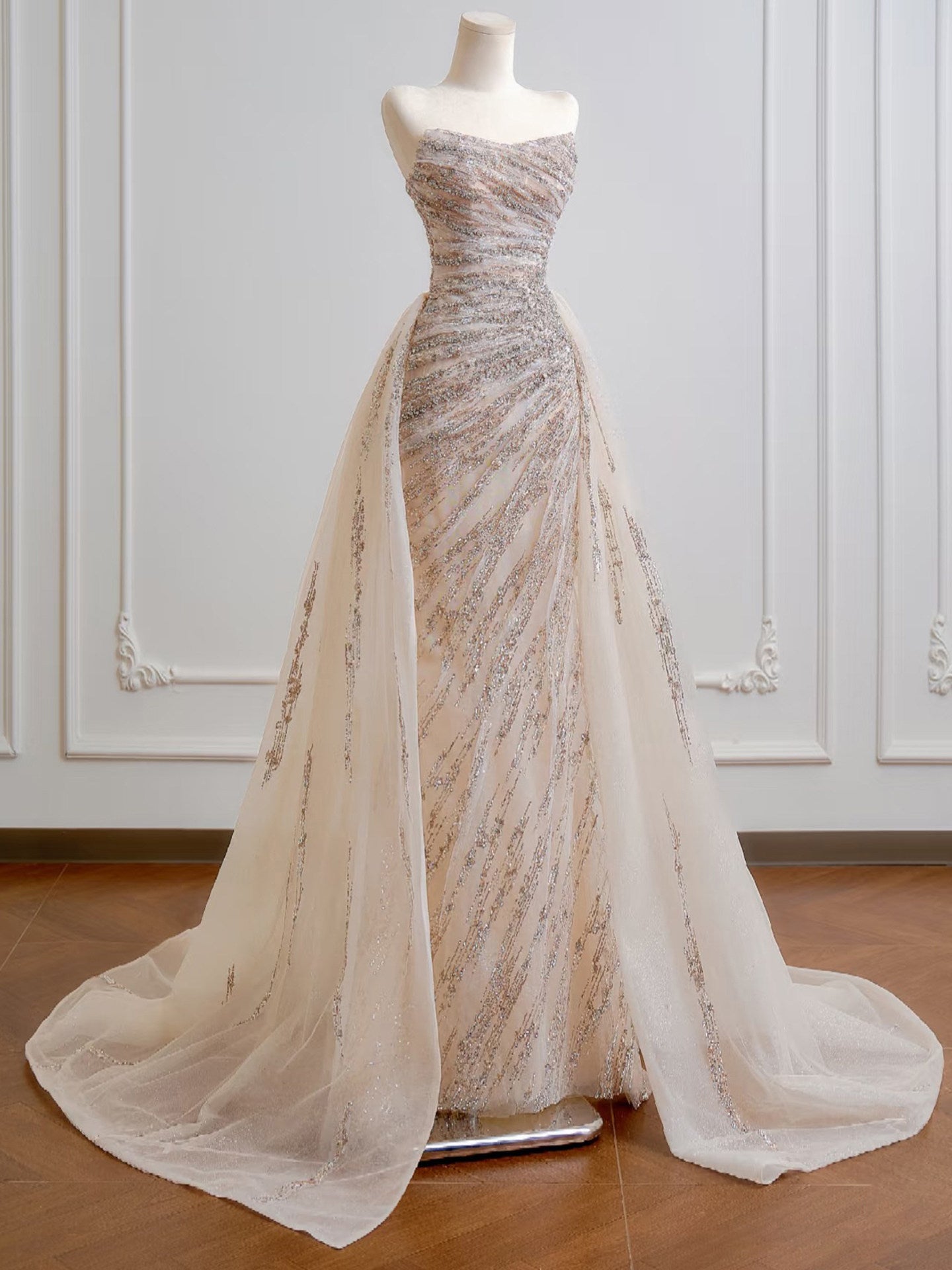 Ilaria Champagne Sequin Strapless Mermaid Evening Gown - detail view