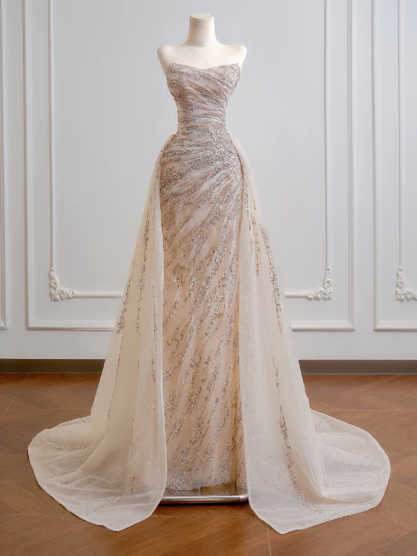 Ilaria Champagne Sequin Strapless Mermaid Evening Gown - front view