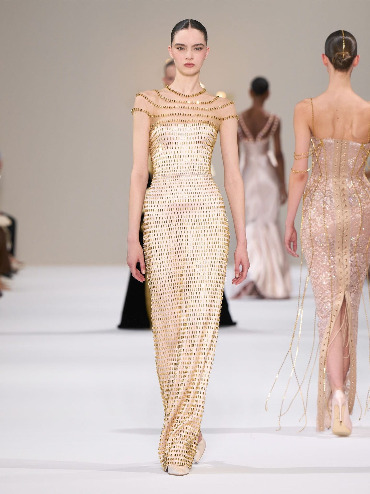 Imogen Champagne Gold-Bead Sheer Column Gown - photo 1 | Orabella