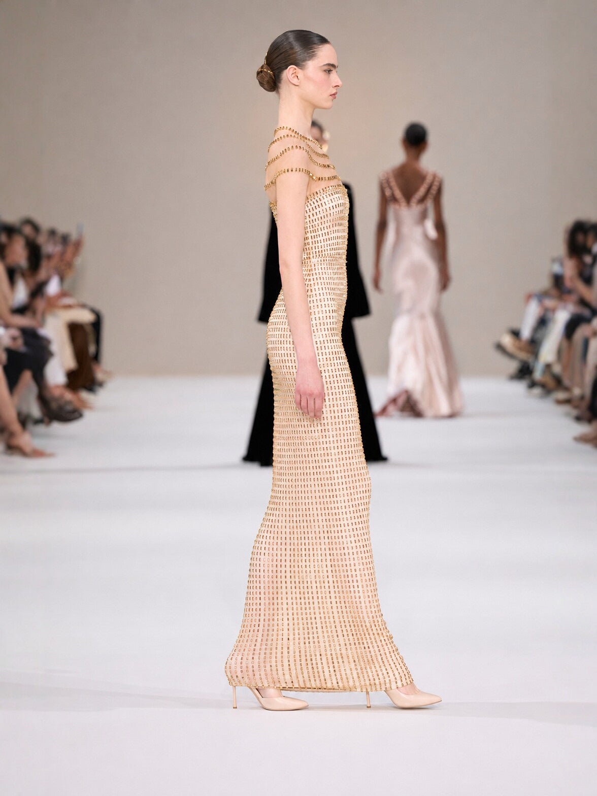 Imogen Champagne Gold-Bead Sheer Column Gown - photo 3 | Orabella