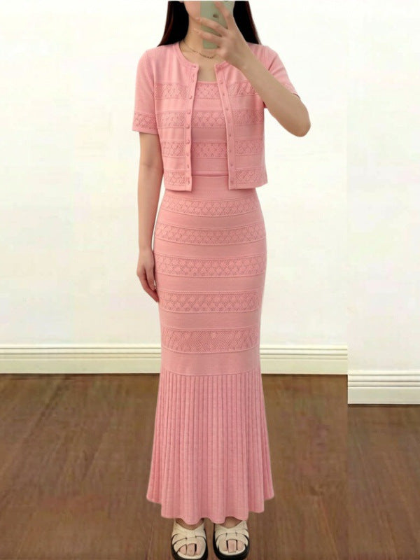 Isabeau Beaded Knit Cardigan Maxi Dress Set - front view
