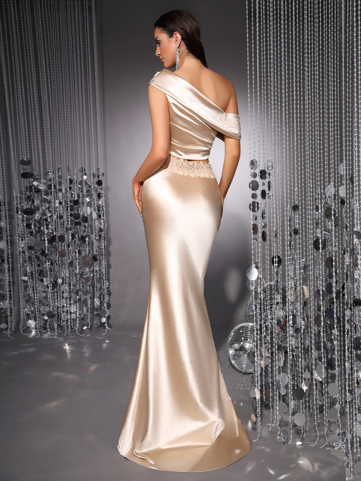 Jasmine Champagne Satin One-Shoulder Top and Mermaid Skirt Set - photo 2 | Orabella