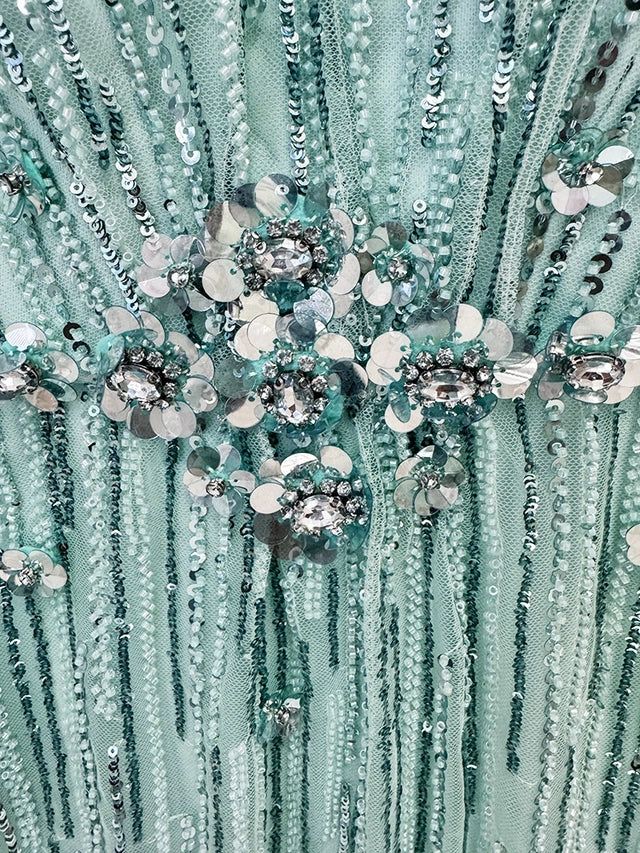 Aqua Beaded Strappy Fringe Evening Gown