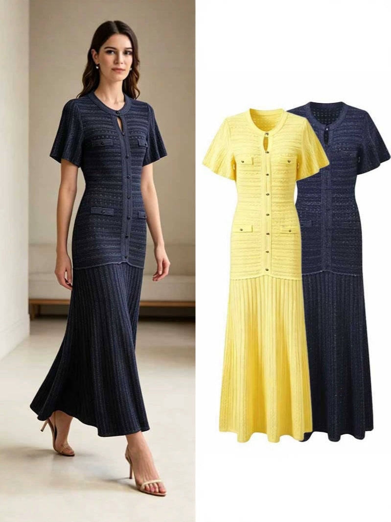 Reine Pointelle Knit Puff-Sleeve Flared Maxi Dress