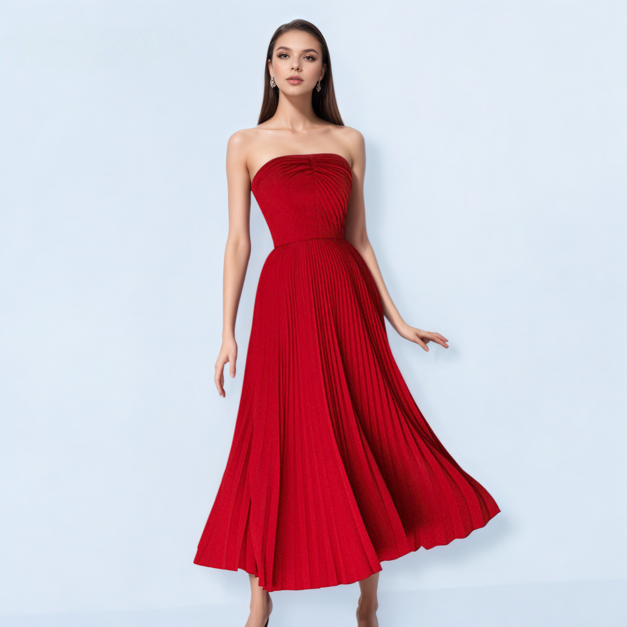 Juliette Bandeau Pleated Red Midi Dress — front view