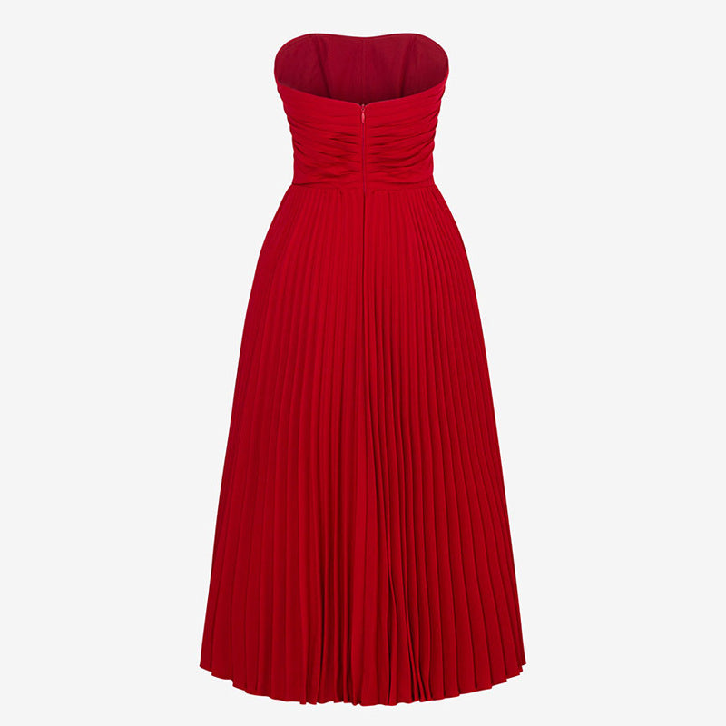 Juliette Bandeau Pleated Red Midi Dress — full length