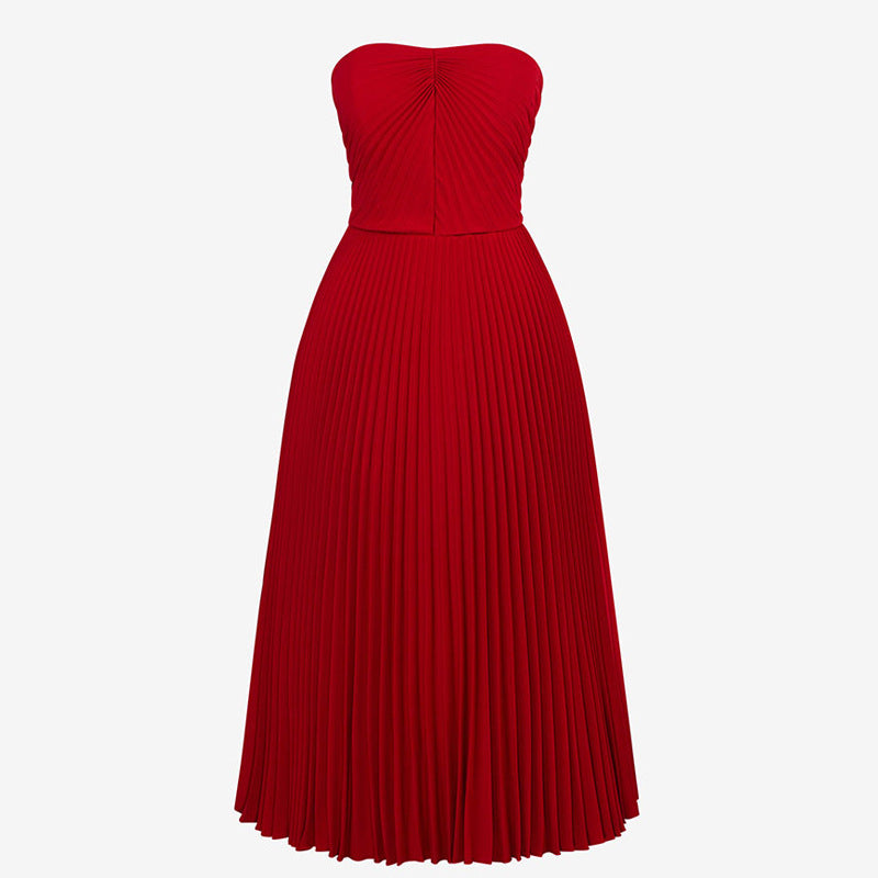 Juliette Bandeau Pleated Red Midi Dress — styled look