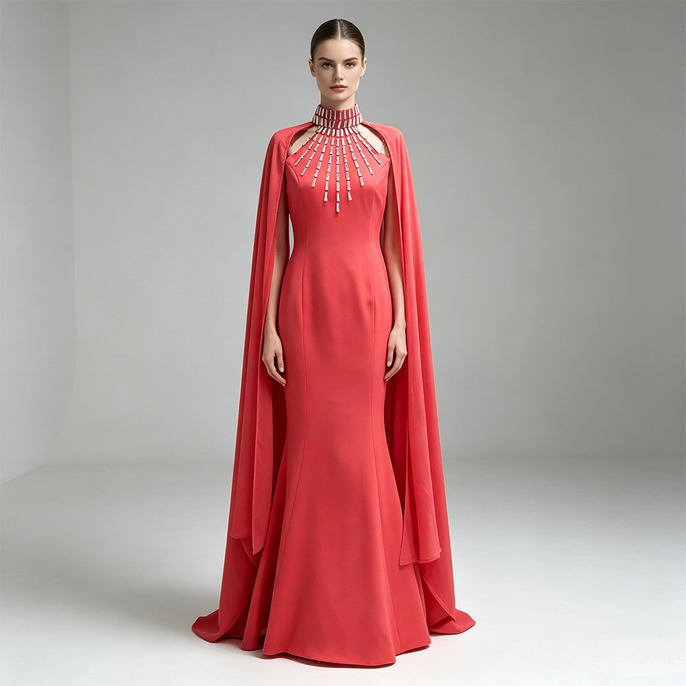 Laure Coral Crystal-Collar Cape-Sleeve Column Gown - photo 1 | Orabella