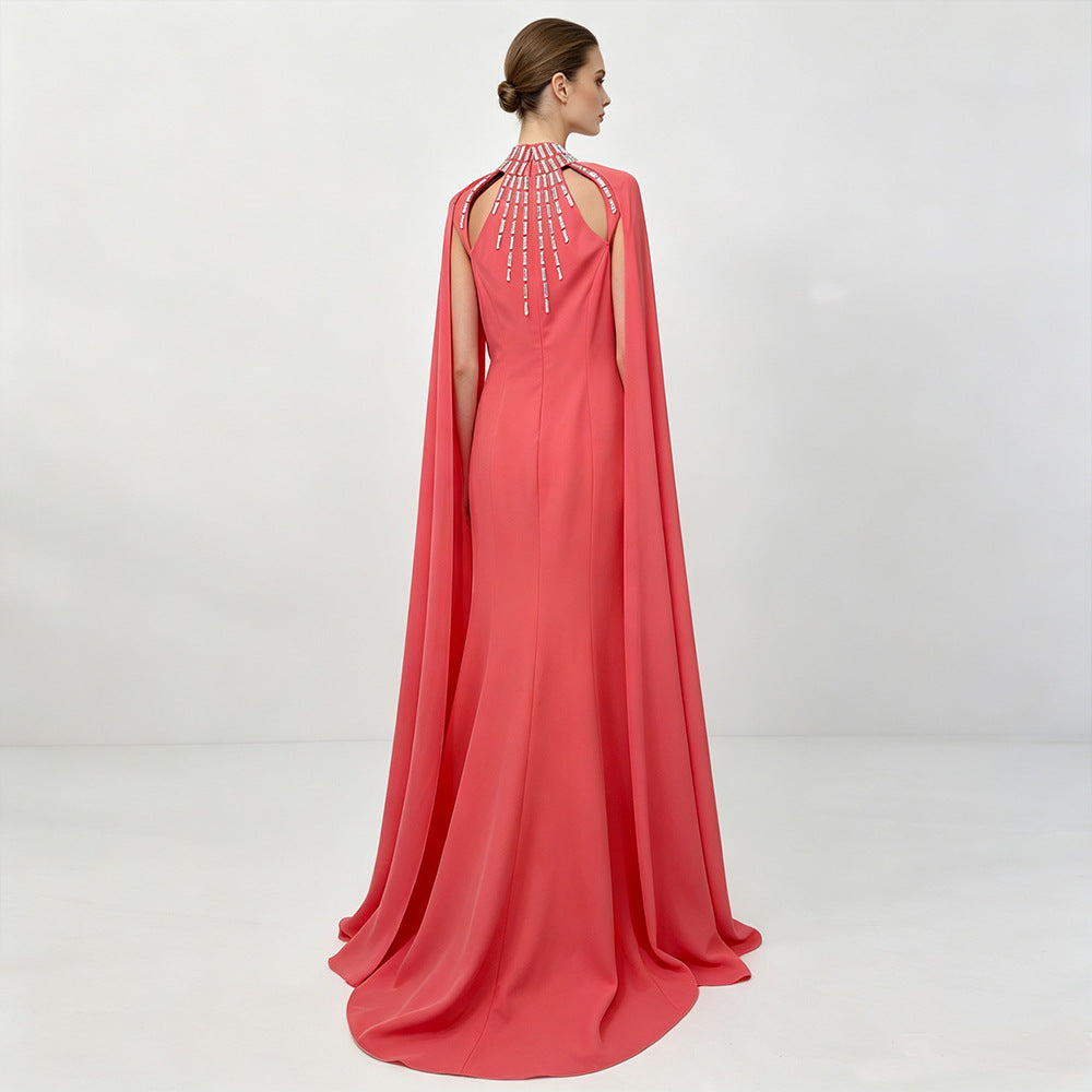 Laure Coral Crystal-Collar Cape-Sleeve Column Gown - photo 2 | Orabella
