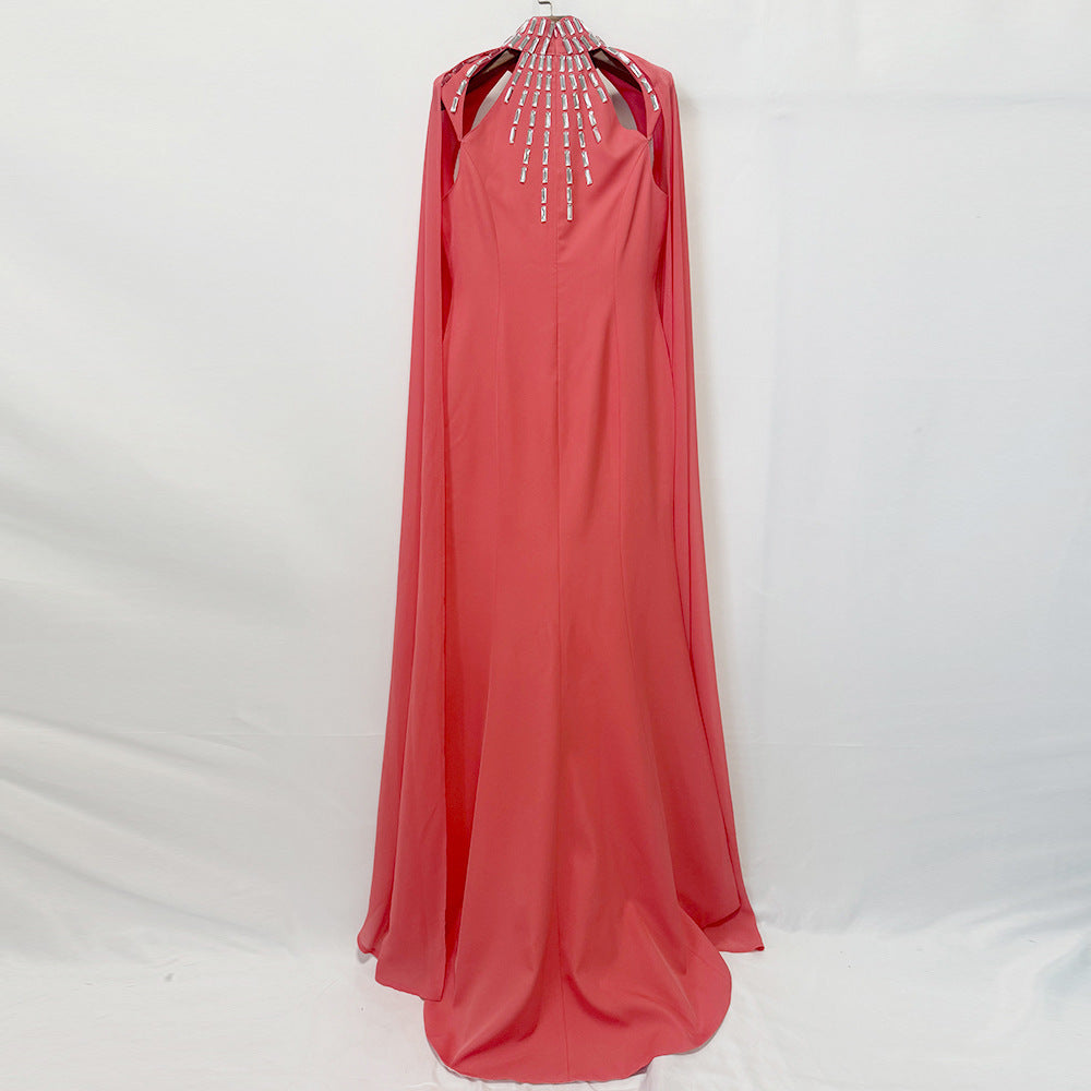 Laure Coral Crystal-Collar Cape-Sleeve Column Gown - photo 4 | Orabella