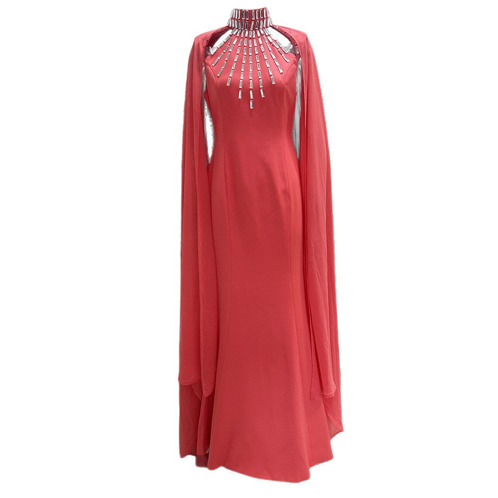Laure Coral Crystal-Collar Cape-Sleeve Column Gown - photo 5 | Orabella