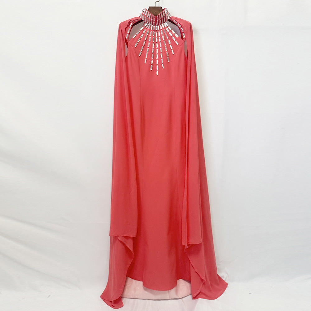Laure Coral Crystal-Collar Cape-Sleeve Column Gown - photo 6 | Orabella