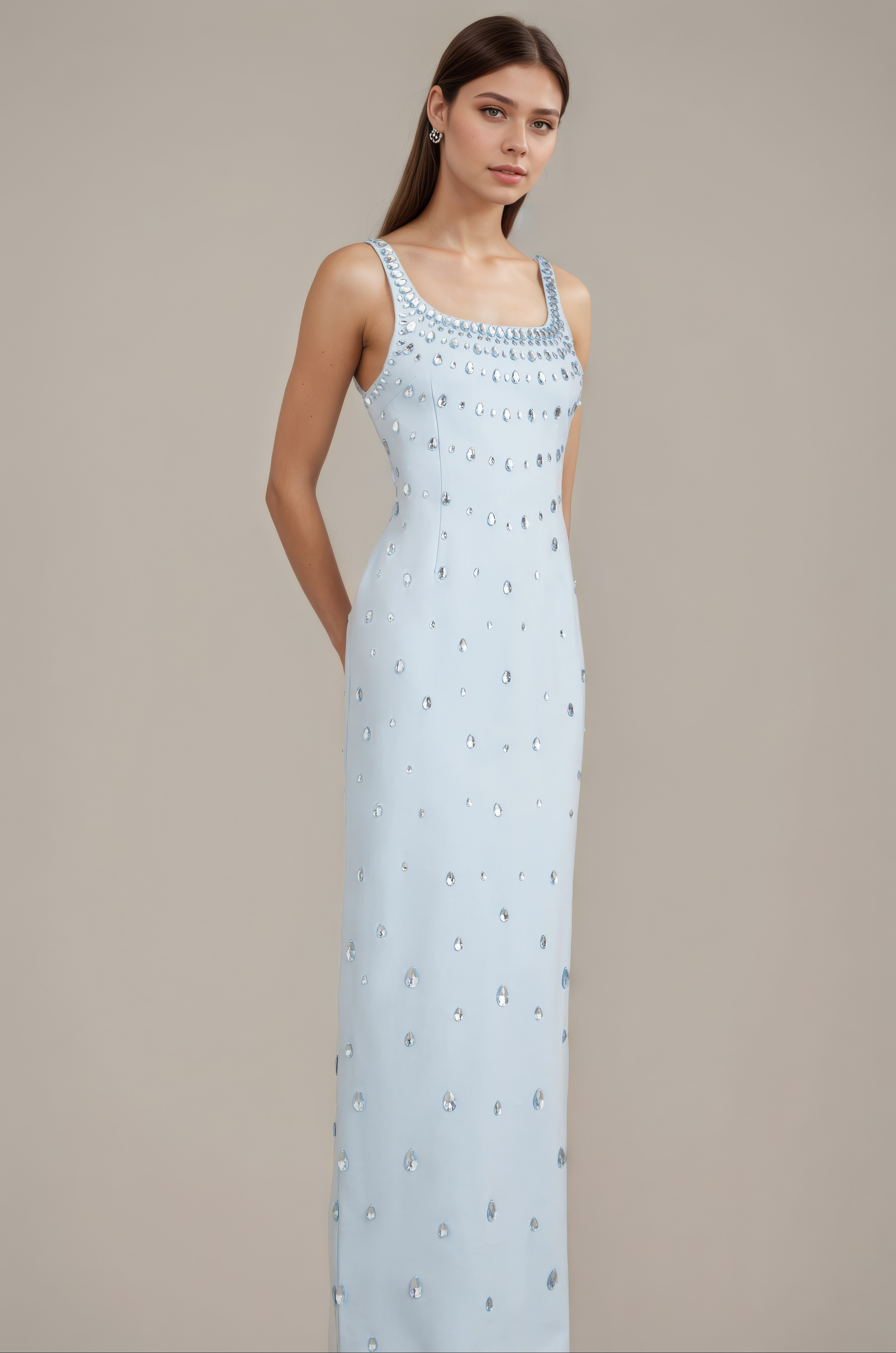 Azure Dewdrop Embellished Column Gown