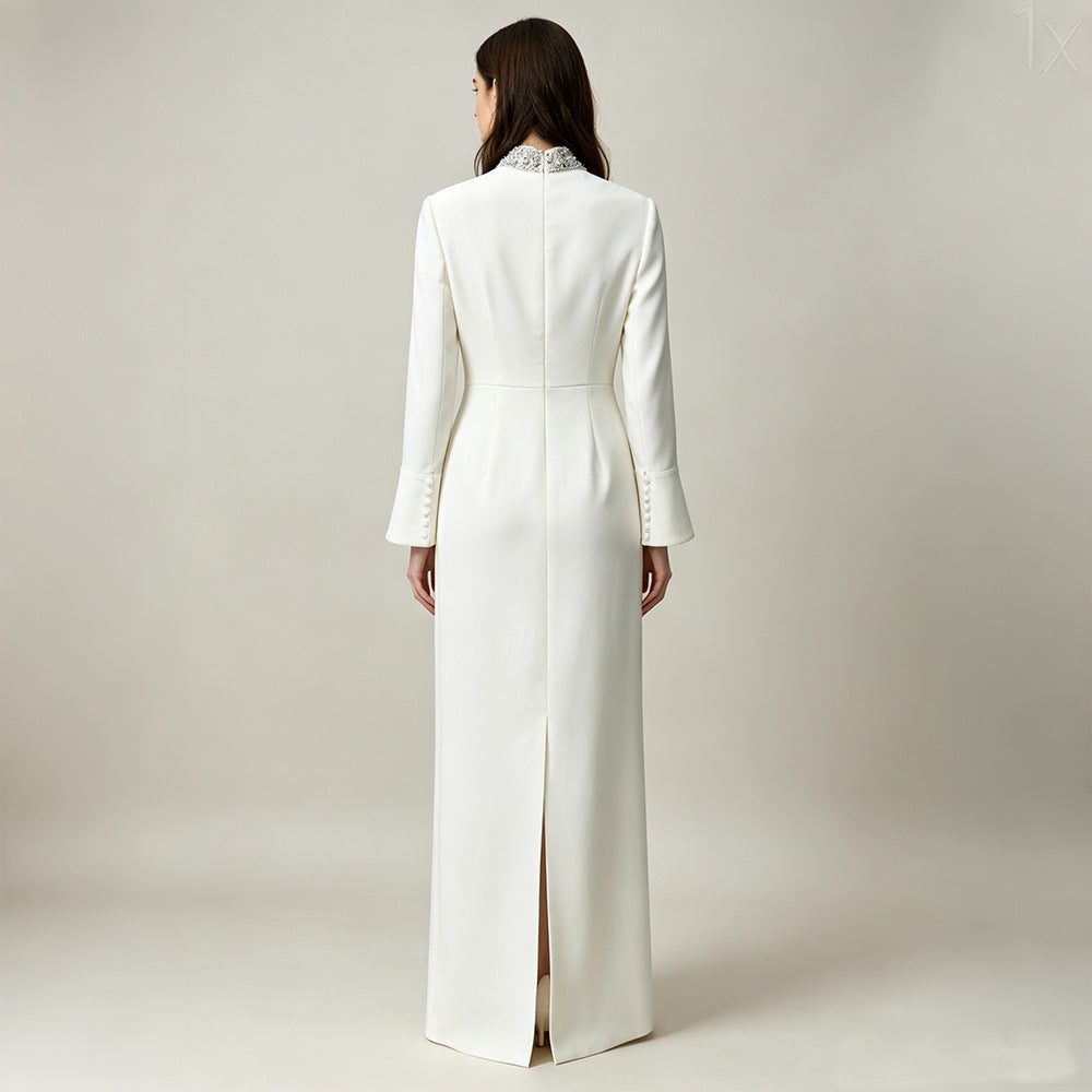 Letizia White Crystal Illusion-V Long-Sleeve Column Gown - photo 2 | Orabella