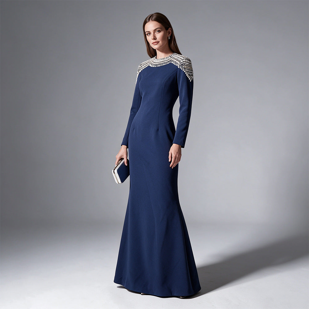 Liana Navy Crystal-Shoulder Long-Sleeve Mermaid Gown - photo 1 | Orabella