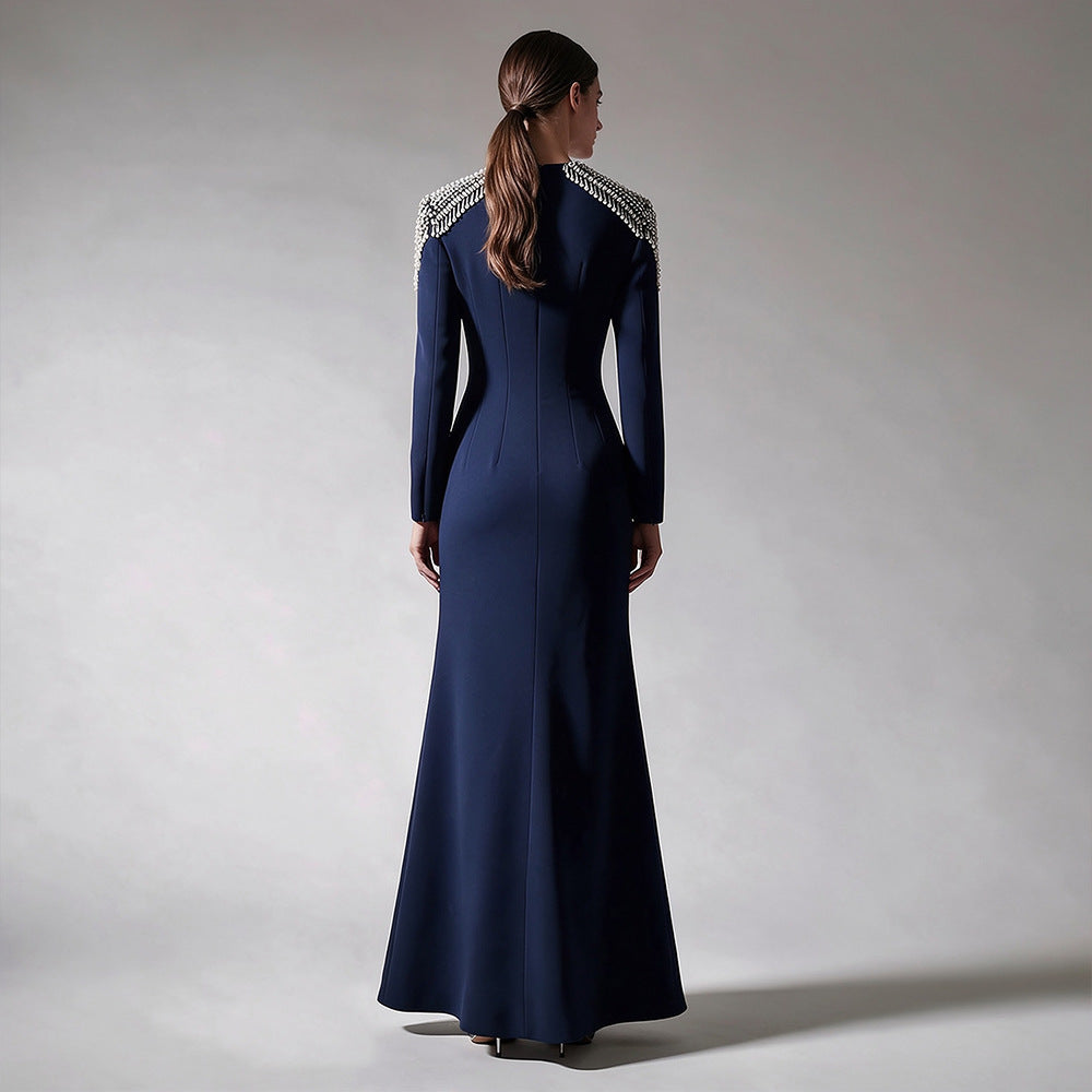 Liana Navy Crystal-Shoulder Long-Sleeve Mermaid Gown - photo 2 | Orabella