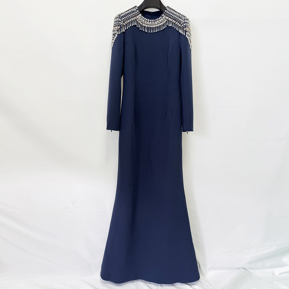 Liana Navy Crystal-Shoulder Long-Sleeve Mermaid Gown - photo 3 | Orabella