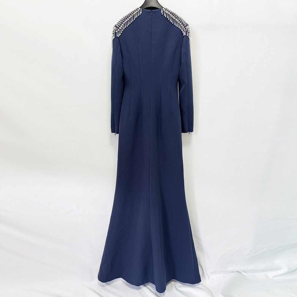 Liana Navy Crystal-Shoulder Long-Sleeve Mermaid Gown - photo 4 | Orabella