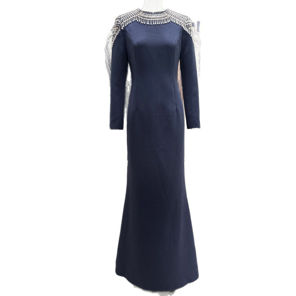 Liana Navy Crystal-Shoulder Long-Sleeve Mermaid Gown - photo 5 | Orabella