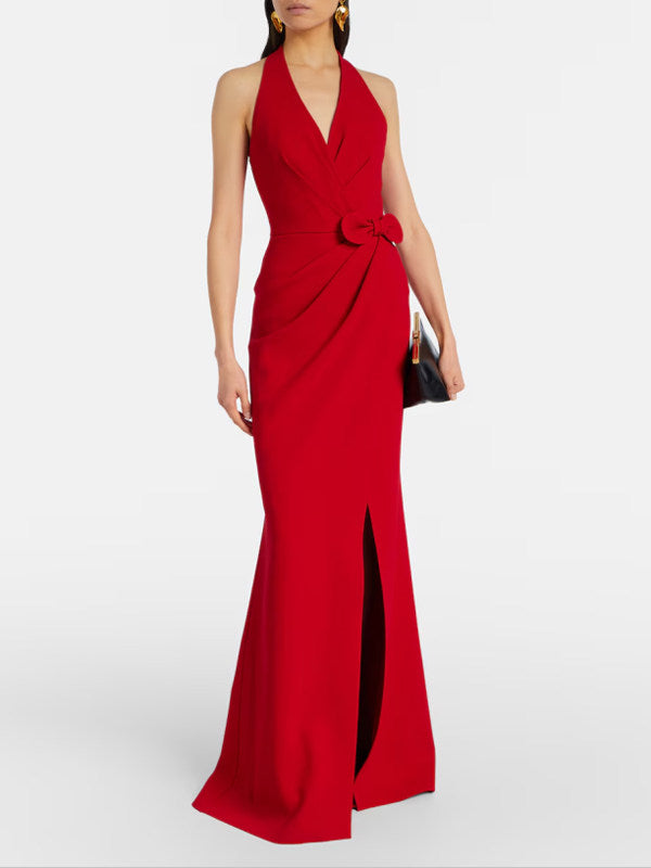 Liliane Red Halterneck Bow-Waist Mermaid Gown - front view