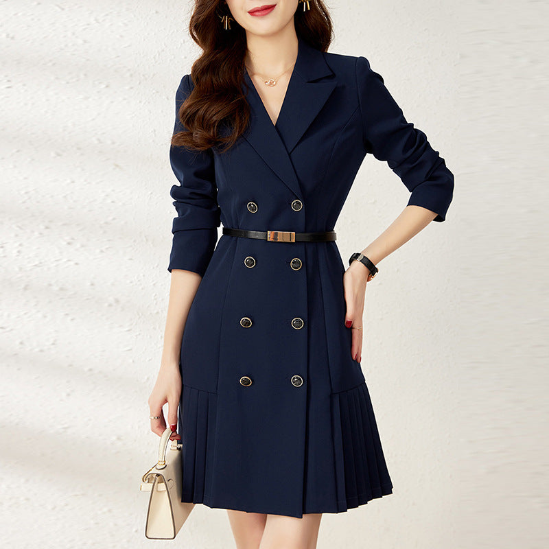 Élise Refined Belted Pleated Commuter Dress — full length