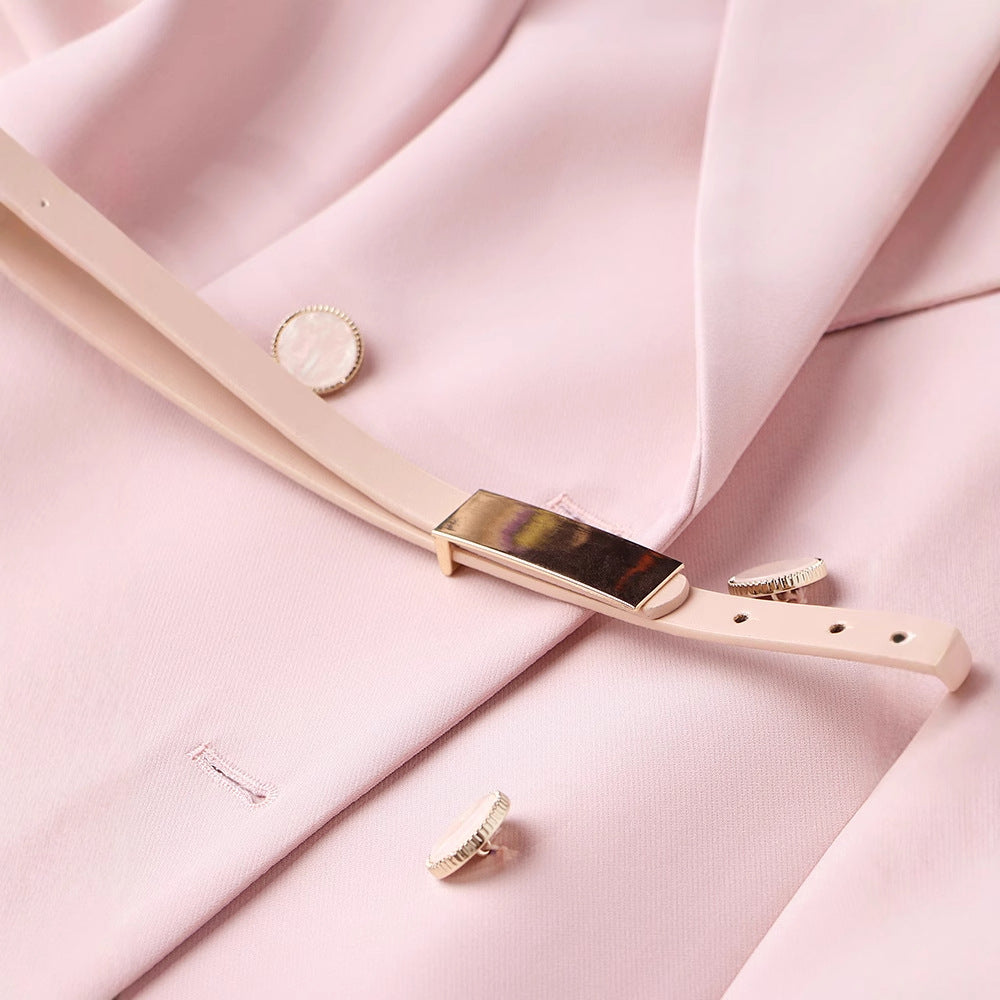 Élise Refined Belted Pleated Commuter Dress — fabric and detail