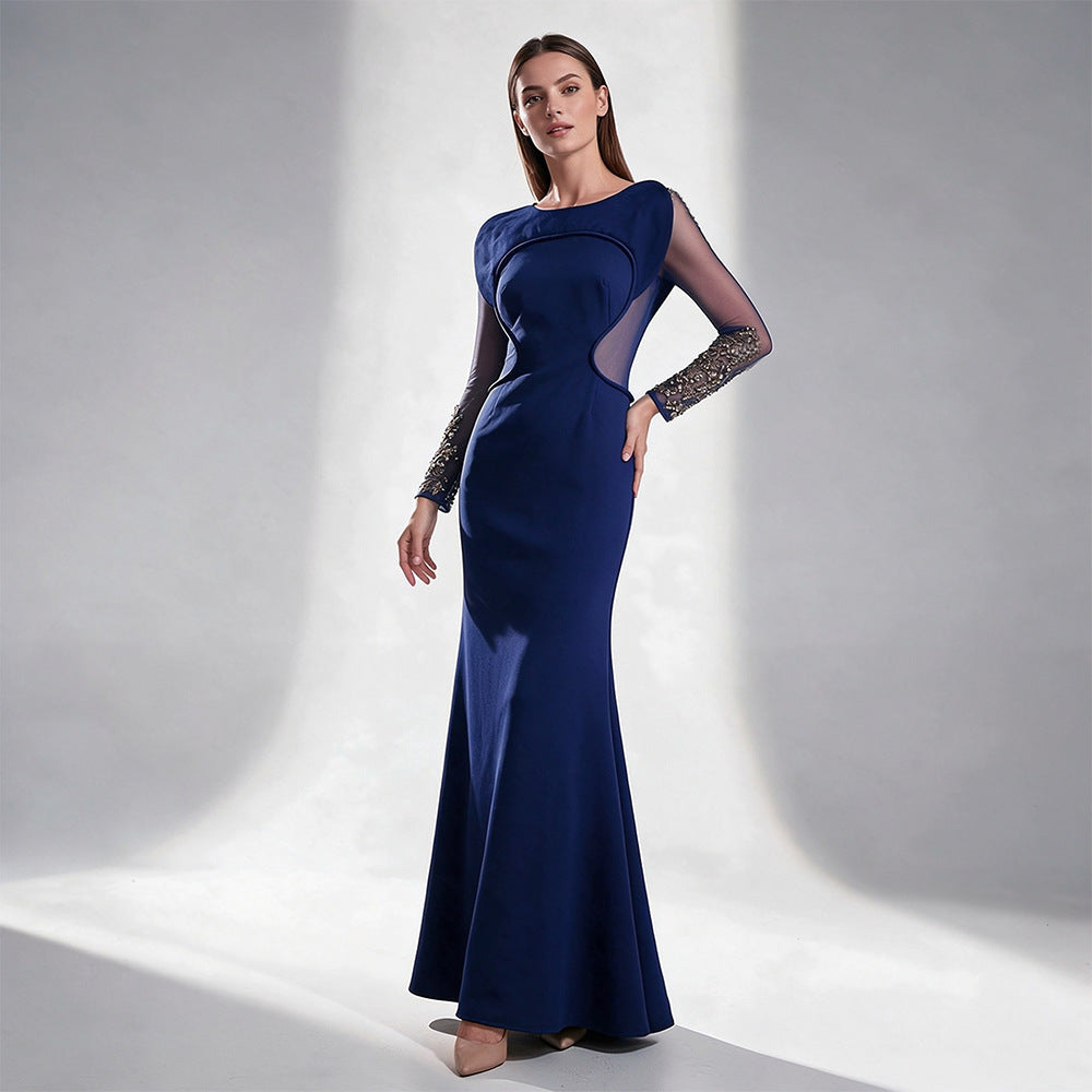 Livia Navy Illusion-Panel Long-Sleeve Mermaid Gown - photo 1 | Orabella