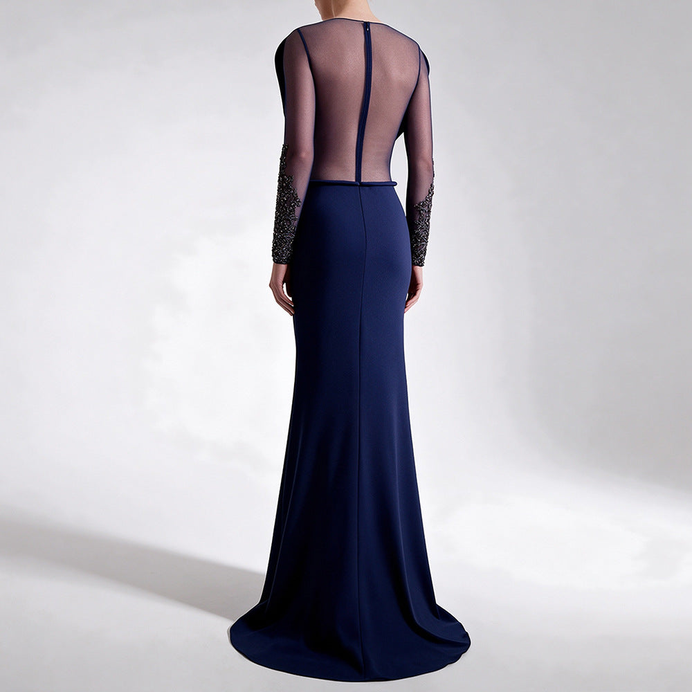 Livia Navy Illusion-Panel Long-Sleeve Mermaid Gown - photo 2 | Orabella