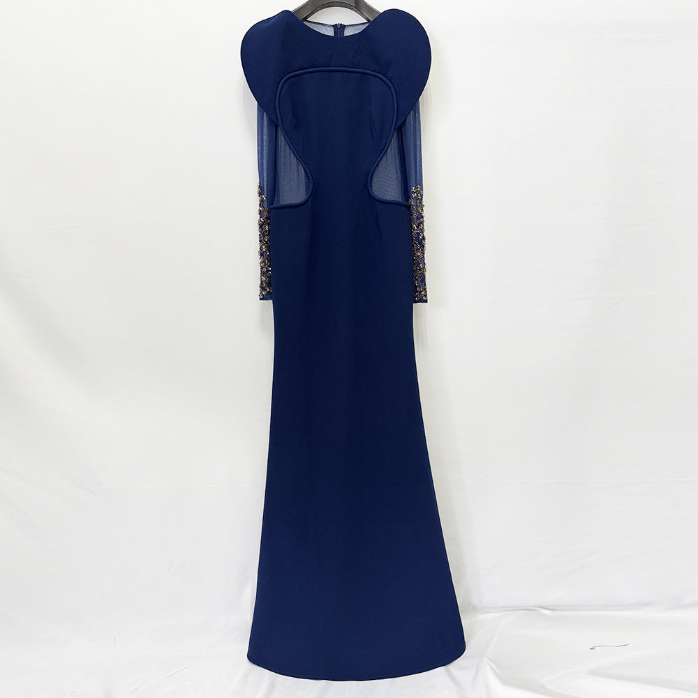 Livia Navy Illusion-Panel Long-Sleeve Mermaid Gown - photo 3 | Orabella