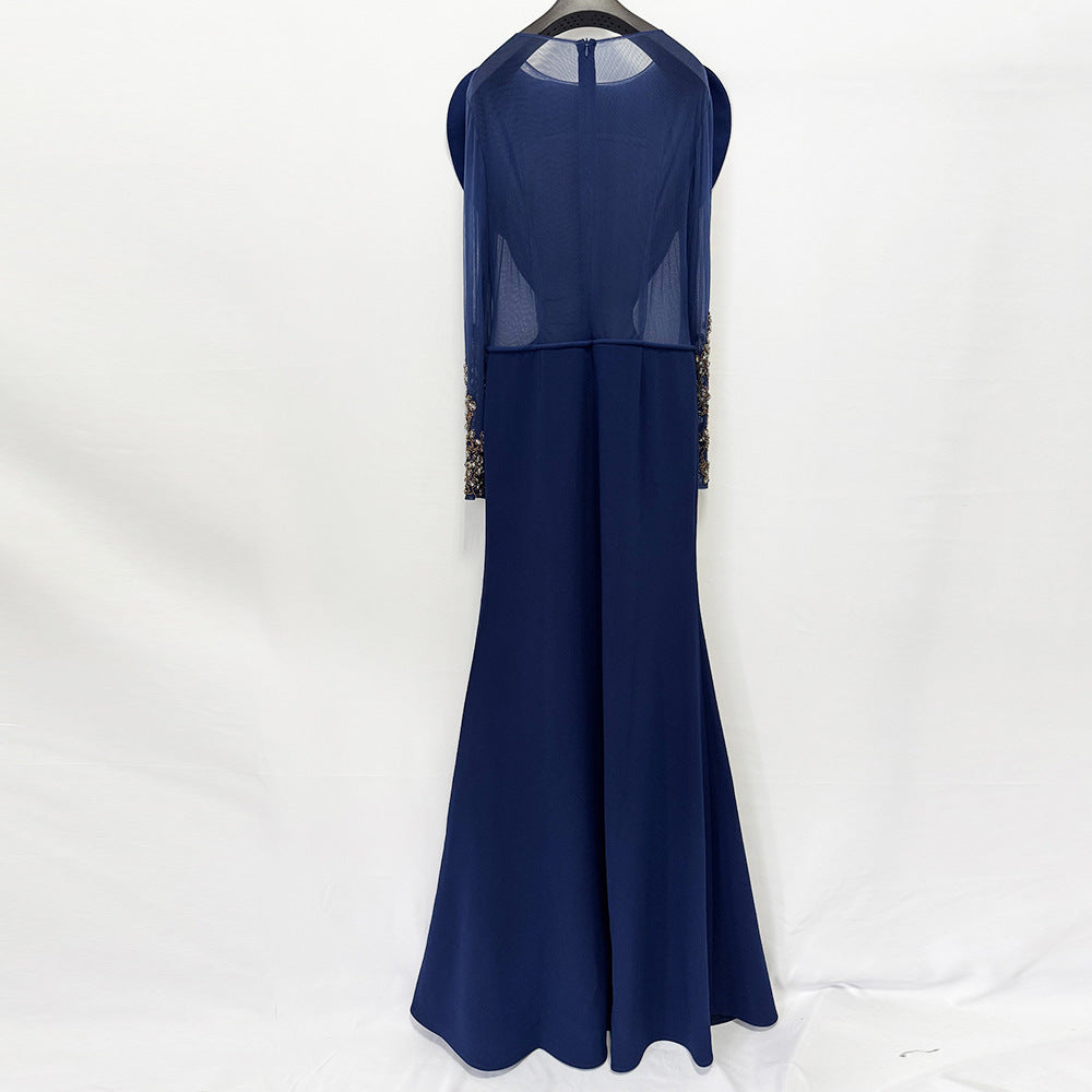 Livia Navy Illusion-Panel Long-Sleeve Mermaid Gown - photo 4 | Orabella