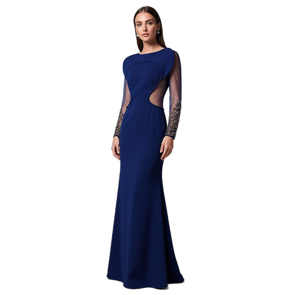 Livia Navy Illusion-Panel Long-Sleeve Mermaid Gown - photo 5 | Orabella