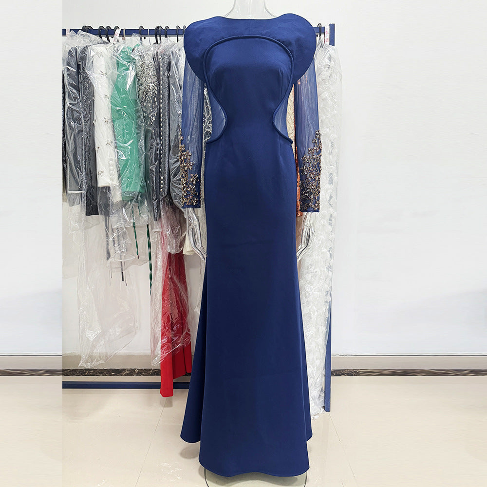 Livia Navy Illusion-Panel Long-Sleeve Mermaid Gown - photo 6 | Orabella