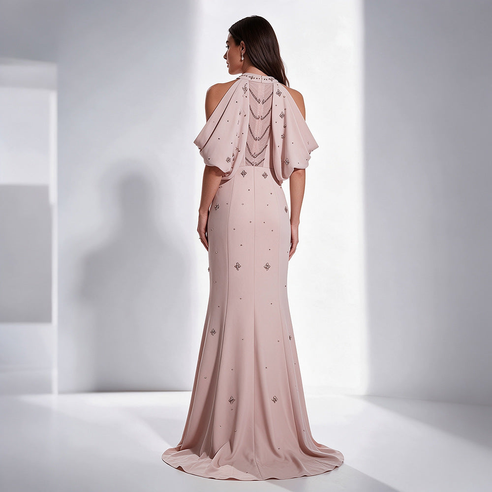 Loredana Blush Crystal Halter Draped-Sleeve Mermaid Gown - photo 2 | Orabella