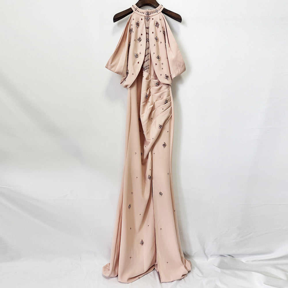 Loredana Blush Crystal Halter Draped-Sleeve Mermaid Gown - photo 3 | Orabella