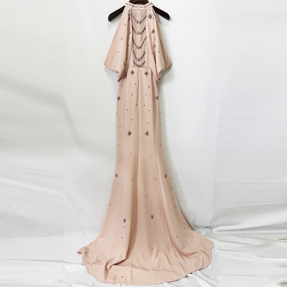 Loredana Blush Crystal Halter Draped-Sleeve Mermaid Gown - photo 4 | Orabella