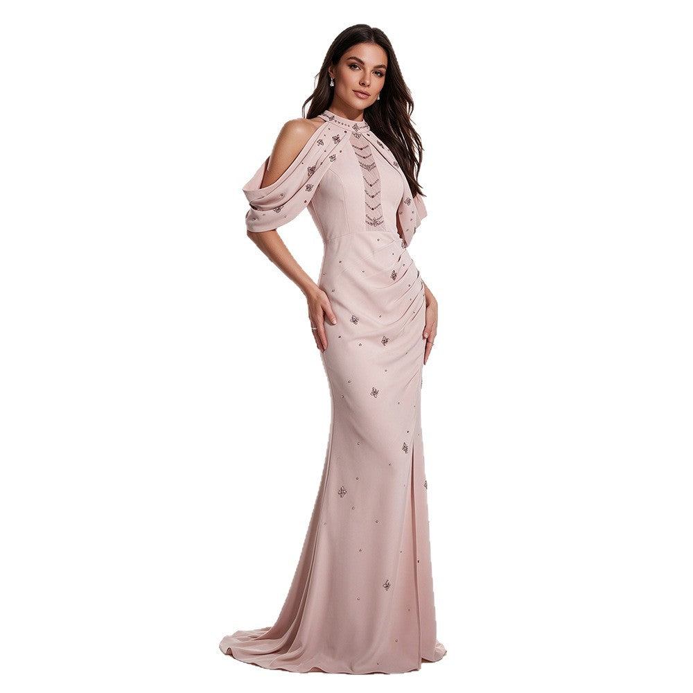 Loredana Blush Crystal Halter Draped-Sleeve Mermaid Gown - photo 5 | Orabella