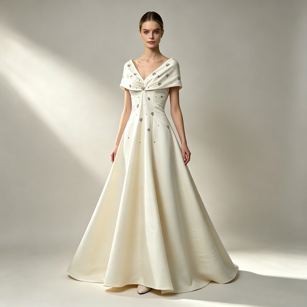 Lucia Cream Portrait-Collar Crystal A-Line Gown - photo 1 | Orabella