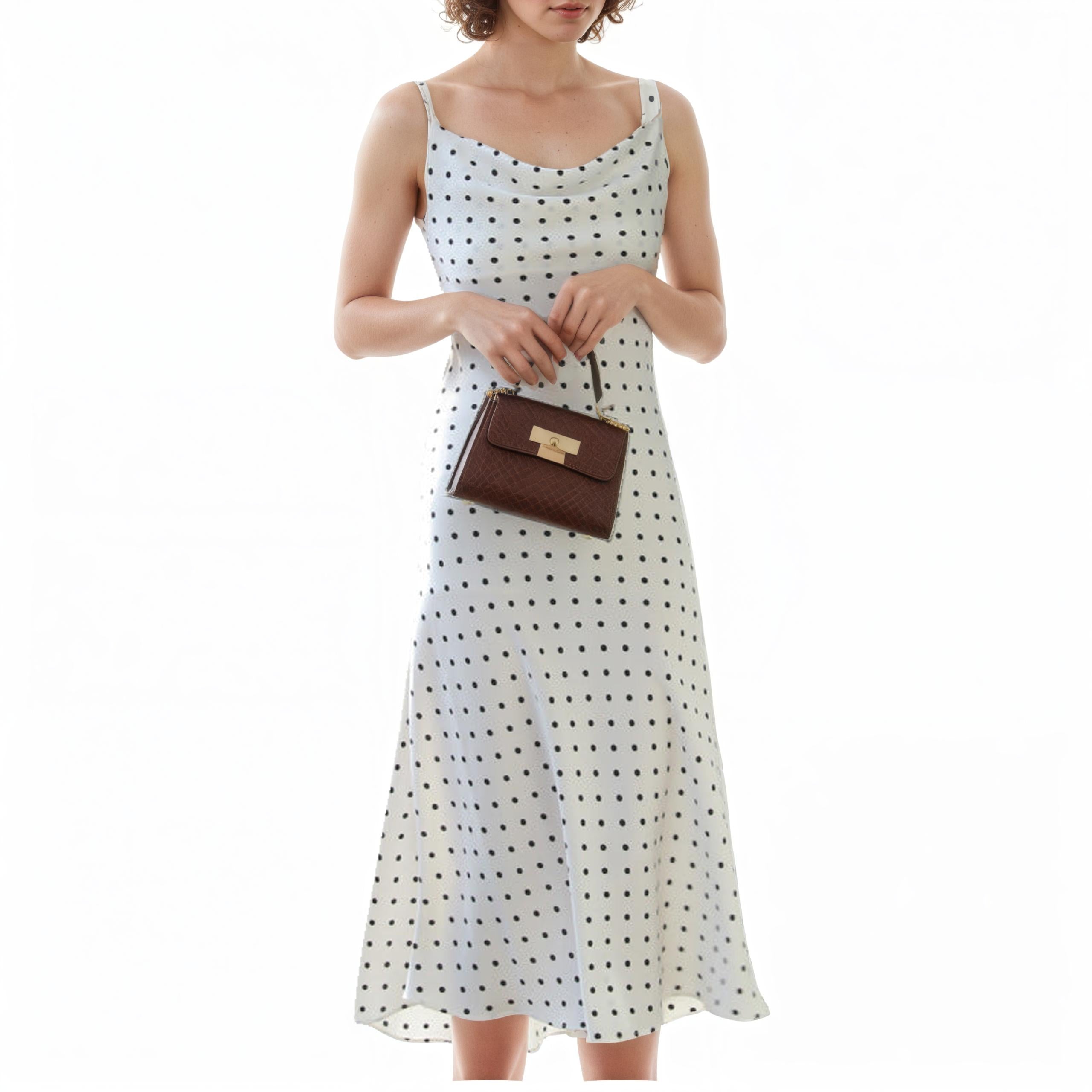 Lucille Diagonal Acetate Polka Dot Summer Dress — fabric and detail
