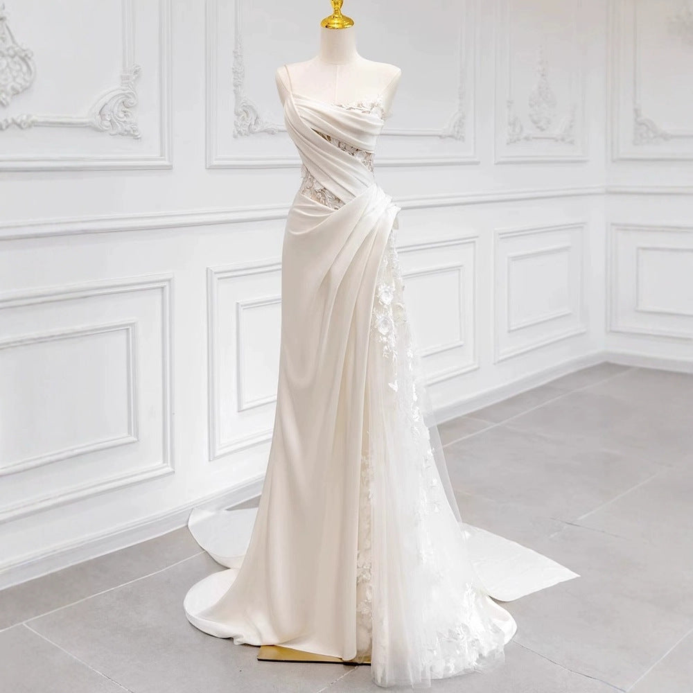 Ludivine White Satin Strapless Draped Lace-Insert Gown - photo 1 | Orabella