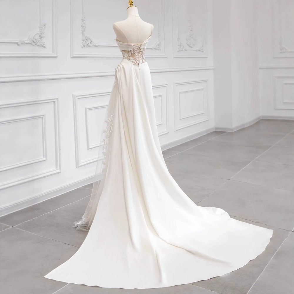 Ludivine White Satin Strapless Draped Lace-Insert Gown - photo 2 | Orabella