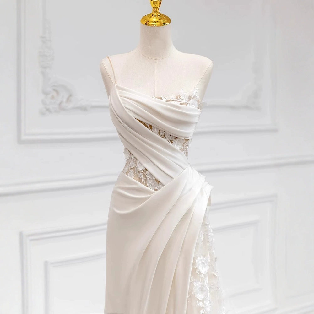Ludivine White Satin Strapless Draped Lace-Insert Gown - photo 3 | Orabella